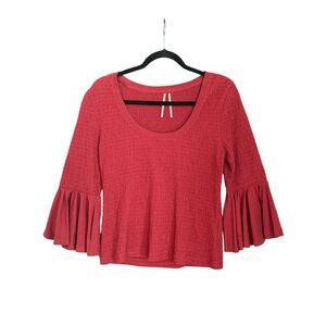 Anthropologie Rust Red Smocked Ruffle Bell Sleeve Top Size M Cotton Stretch